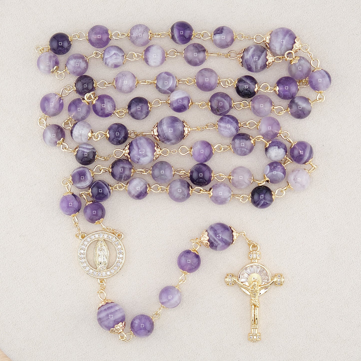 Our Lady of Guadalupe & Crucifix of 8mm Round Purple Crystal Rosary