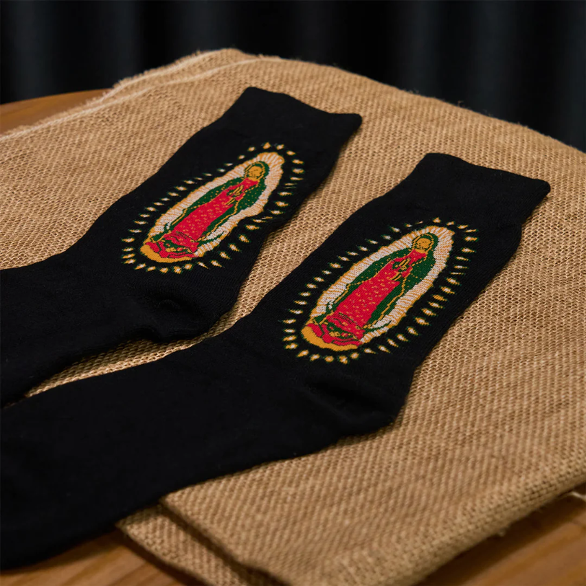 Black Virgin of Guadalupe Religious Unisex Crew Socks: Retro Design, Exclusive Faith Flair