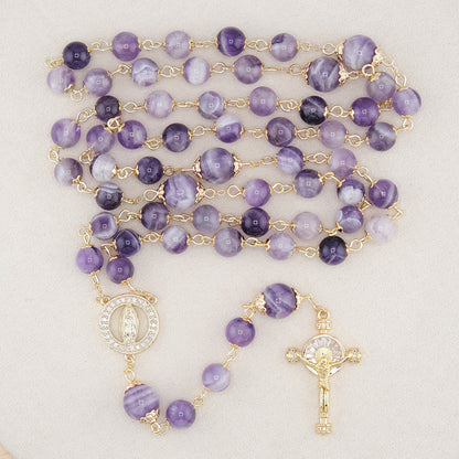 Our Lady of Guadalupe & Crucifix of 8mm Round Purple Crystal Rosary
