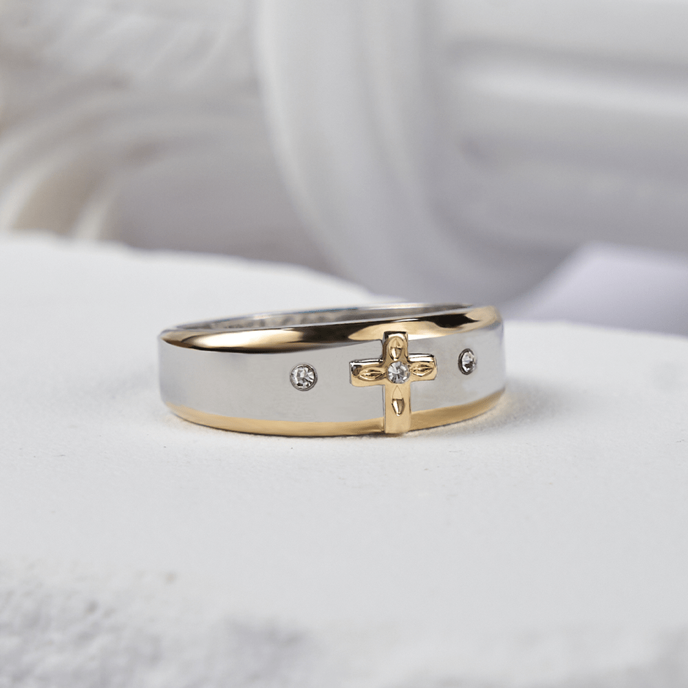 Modern Style Two-tone Gold Cross Alloy Ring-With God All Things Are Possible