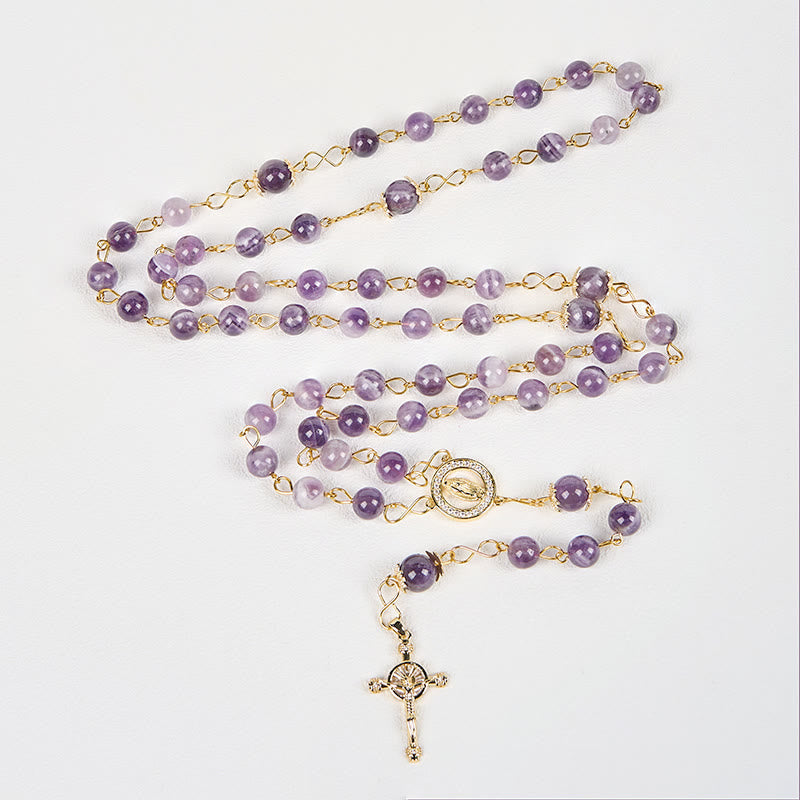 Our Lady of Guadalupe & Crucifix of 8mm Round Purple Crystal Rosary