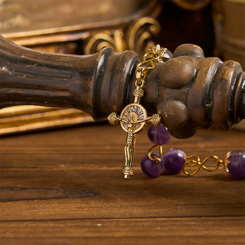 Our Lady of Guadalupe & Crucifix of 8mm Round Purple Crystal Rosary