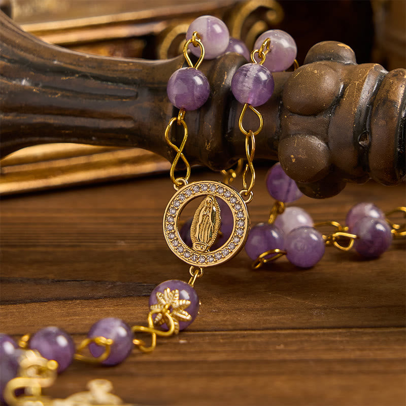Our Lady of Guadalupe & Crucifix of 8mm Round Purple Crystal Rosary