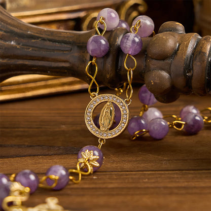 Our Lady of Guadalupe & Crucifix of 8mm Round Purple Crystal Rosary