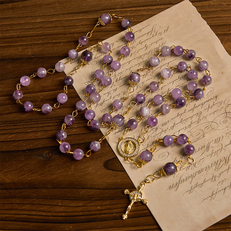 Our Lady of Guadalupe & Crucifix of 8mm Round Purple Crystal Rosary