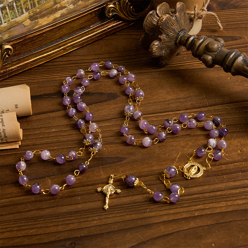 Our Lady of Guadalupe & Crucifix of 8mm Round Purple Crystal Rosary