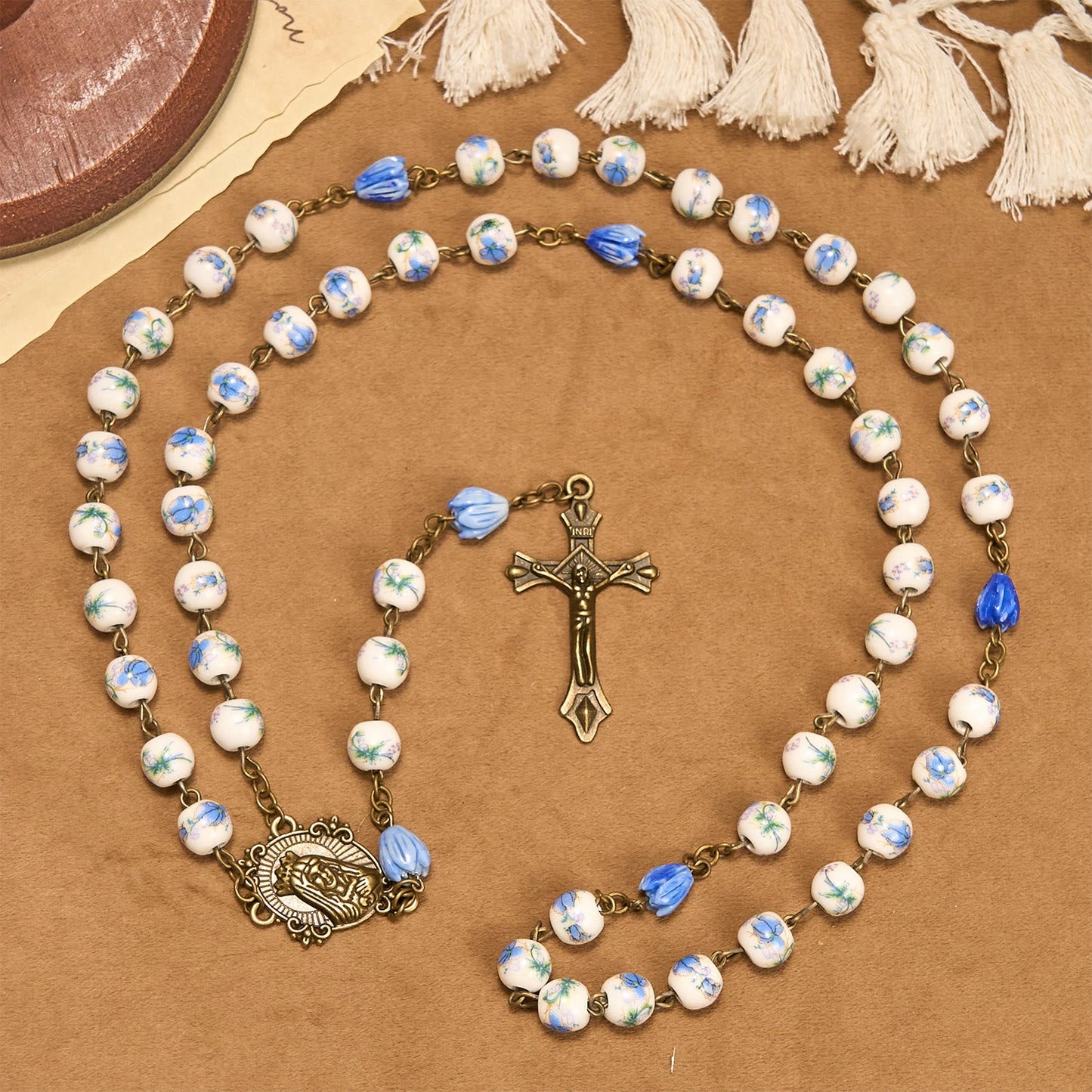 Immaculate Heart of Mary & Crucifix of 8 mm Round Floral Acrylic Alloy Chain Rosary