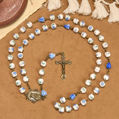 Immaculate Heart of Mary & Crucifix of 8 mm Round Floral Acrylic Alloy Chain Rosary