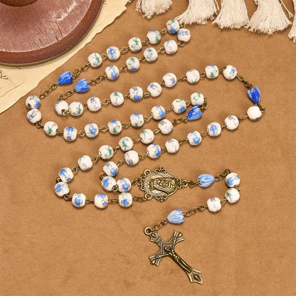 Immaculate Heart of Mary & Crucifix of 8 mm Round Floral Acrylic Alloy Chain Rosary