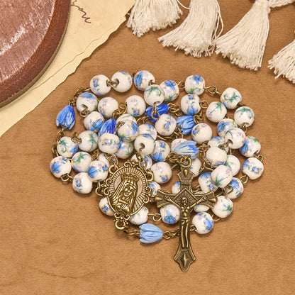 Immaculate Heart of Mary & Crucifix of 8 mm Round Floral Acrylic Alloy Chain Rosary