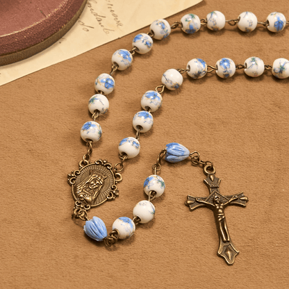 Immaculate Heart of Mary & Crucifix of 8 mm Round Floral Acrylic Alloy Chain Rosary