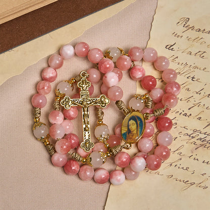 FREE Today: Handmade Pink Persian Jade Rosary with Brass Crucifix and Our Lady Charm