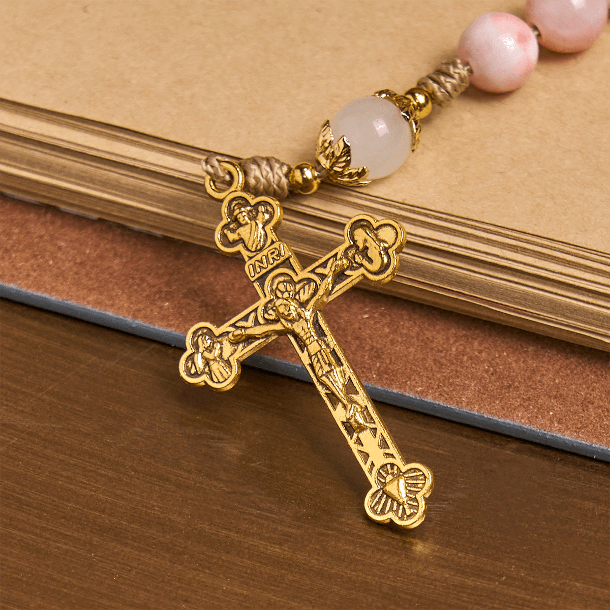 FREE Today: Handmade Pink Persian Jade Rosary with Brass Crucifix and Our Lady Charm