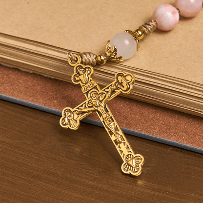 FREE Today: Handmade Pink Persian Jade Rosary with Brass Crucifix and Our Lady Charm