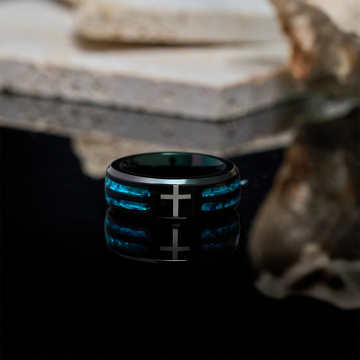 FREE Today: Modern Titanium Steel Cross Ring with Laser Blue Inlay: Serenity in Christ's Blue Light