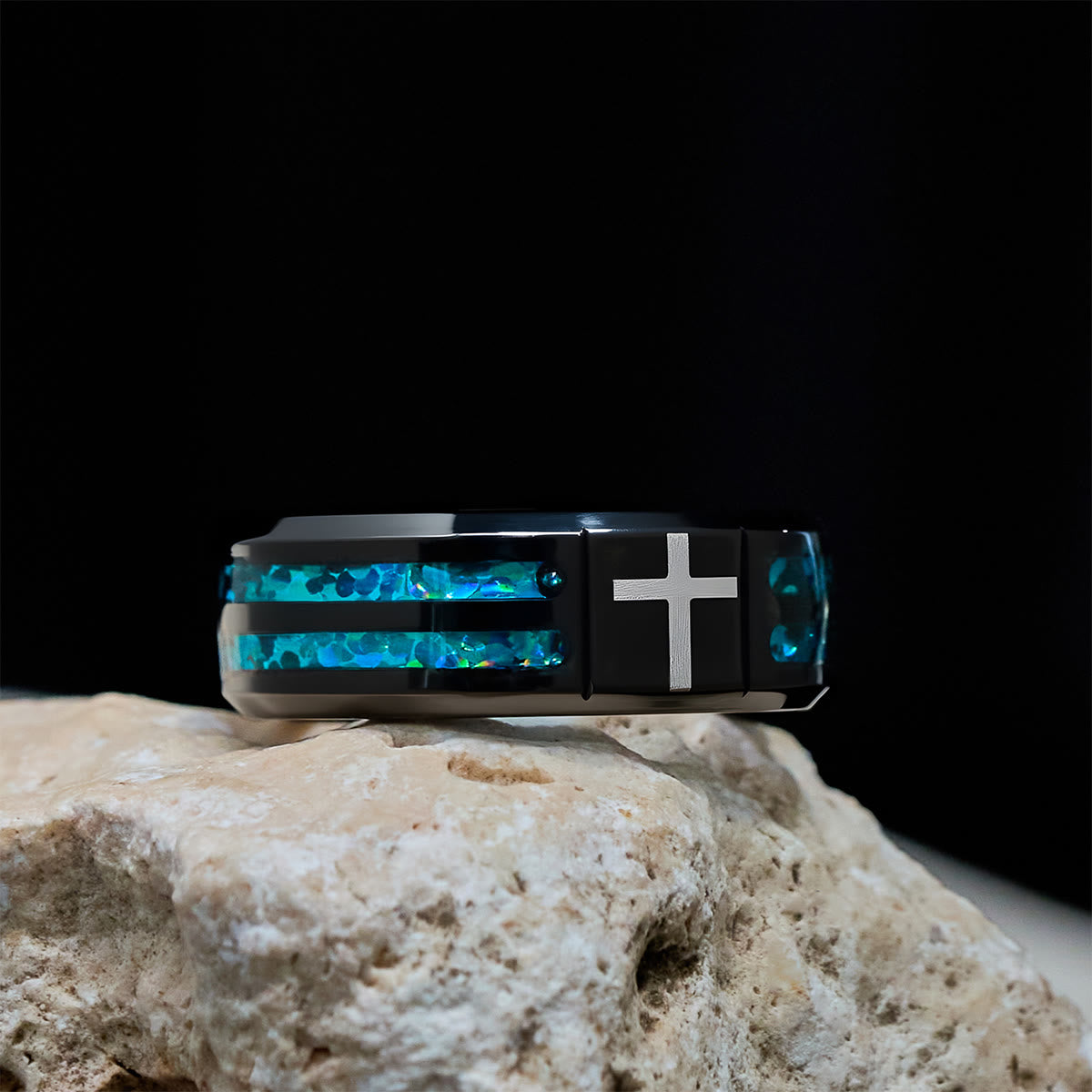 FREE Today: Modern Titanium Steel Cross Ring with Laser Blue Inlay: Serenity in Christ's Blue Light
