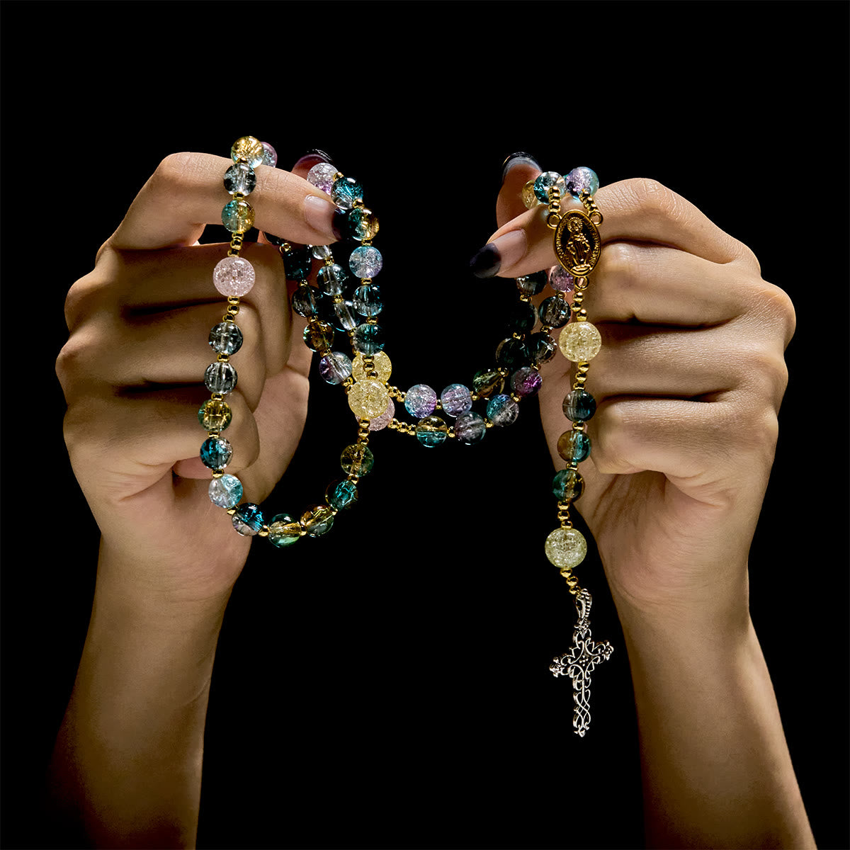 Miraculous Medal & Celtic Cross of 8 mm Round Multicolor Glass Alloy Chain Rosary