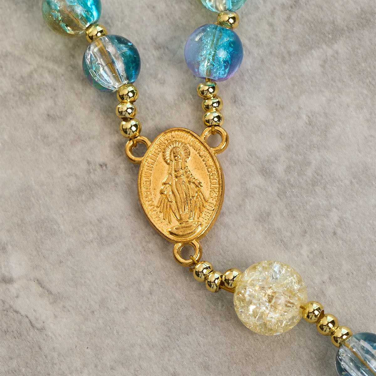Miraculous Medal & Celtic Cross of 8 mm Round Multicolor Glass Alloy Chain Rosary