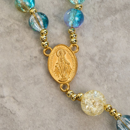 Miraculous Medal & Celtic Cross of 8 mm Round Multicolor Glass Alloy Chain Rosary