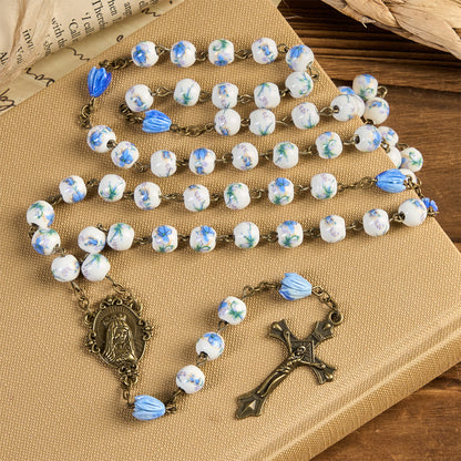 Immaculate Heart of Mary & Crucifix of 8 mm Round Floral Acrylic Alloy Chain Rosary