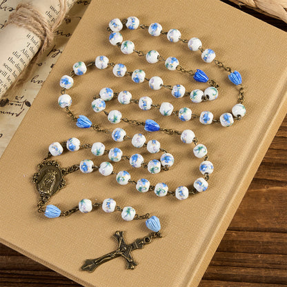 Immaculate Heart of Mary & Crucifix of 8 mm Round Floral Acrylic Alloy Chain Rosary