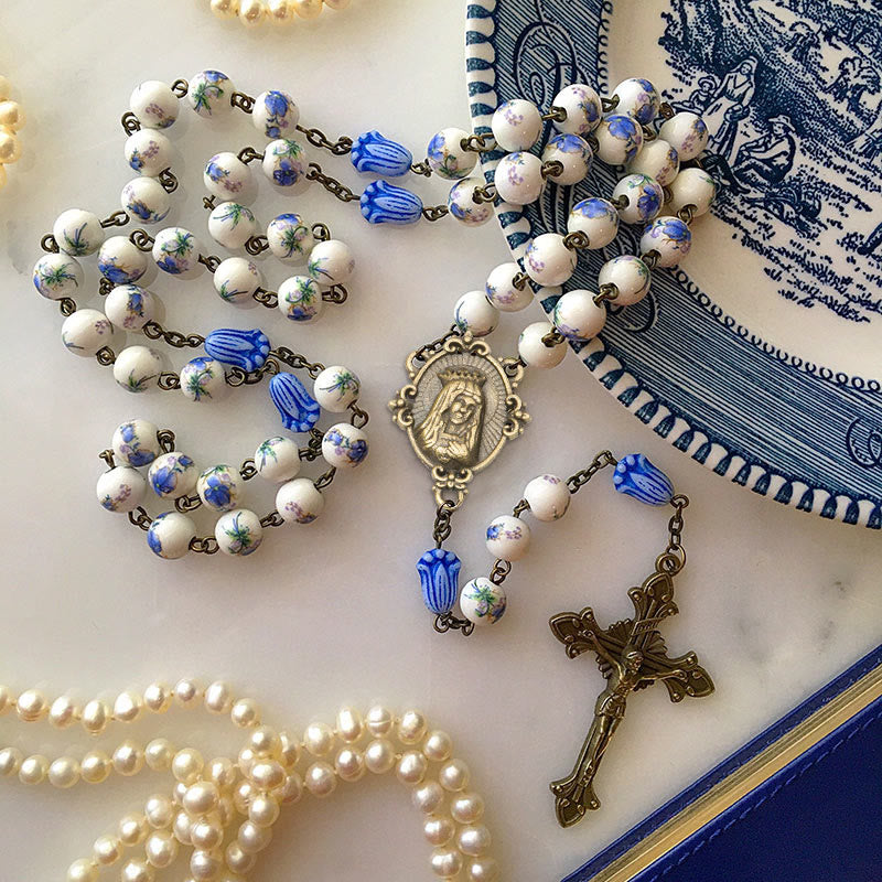 Immaculate Heart of Mary & Crucifix of 8 mm Round Floral Acrylic Alloy Chain Rosary