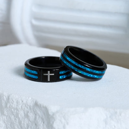 FREE Today: Modern Titanium Steel Cross Ring with Laser Blue Inlay: Serenity in Christ's Blue Light