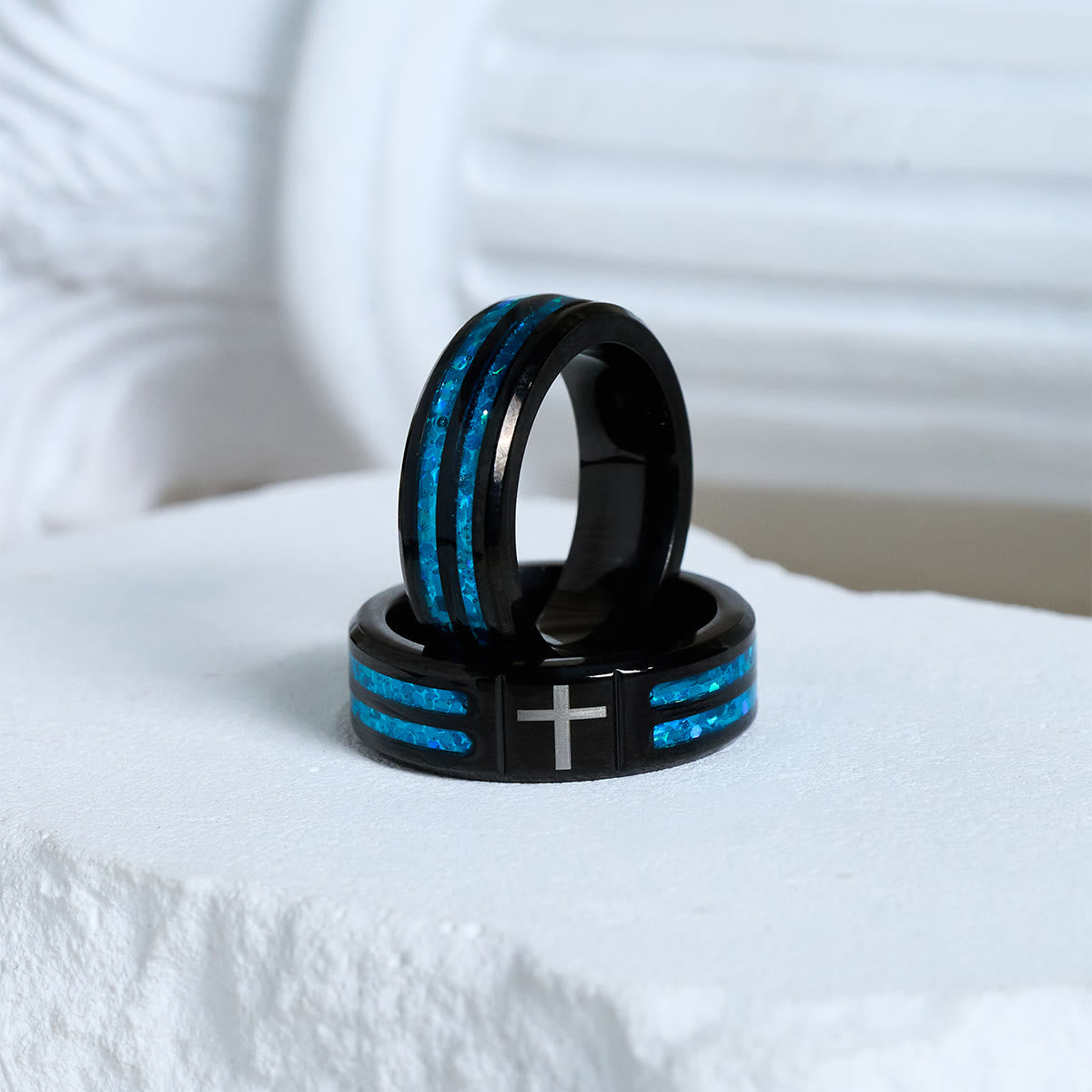 FREE Today: Modern Titanium Steel Cross Ring with Laser Blue Inlay: Serenity in Christ's Blue Light