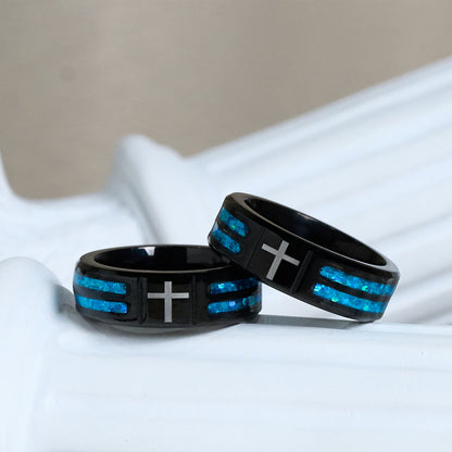 FREE Today: Modern Titanium Steel Cross Ring with Laser Blue Inlay: Serenity in Christ's Blue Light