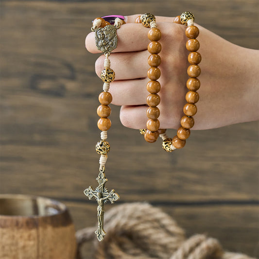 FREE Today: Holy Family & Crucifix of Handmade 10mm Olive Wood Bead Rosary for Holy Prayer