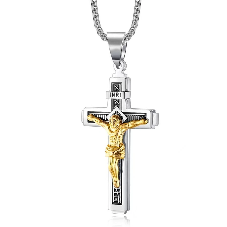 Mens Cross Pendant Necklace Catholic