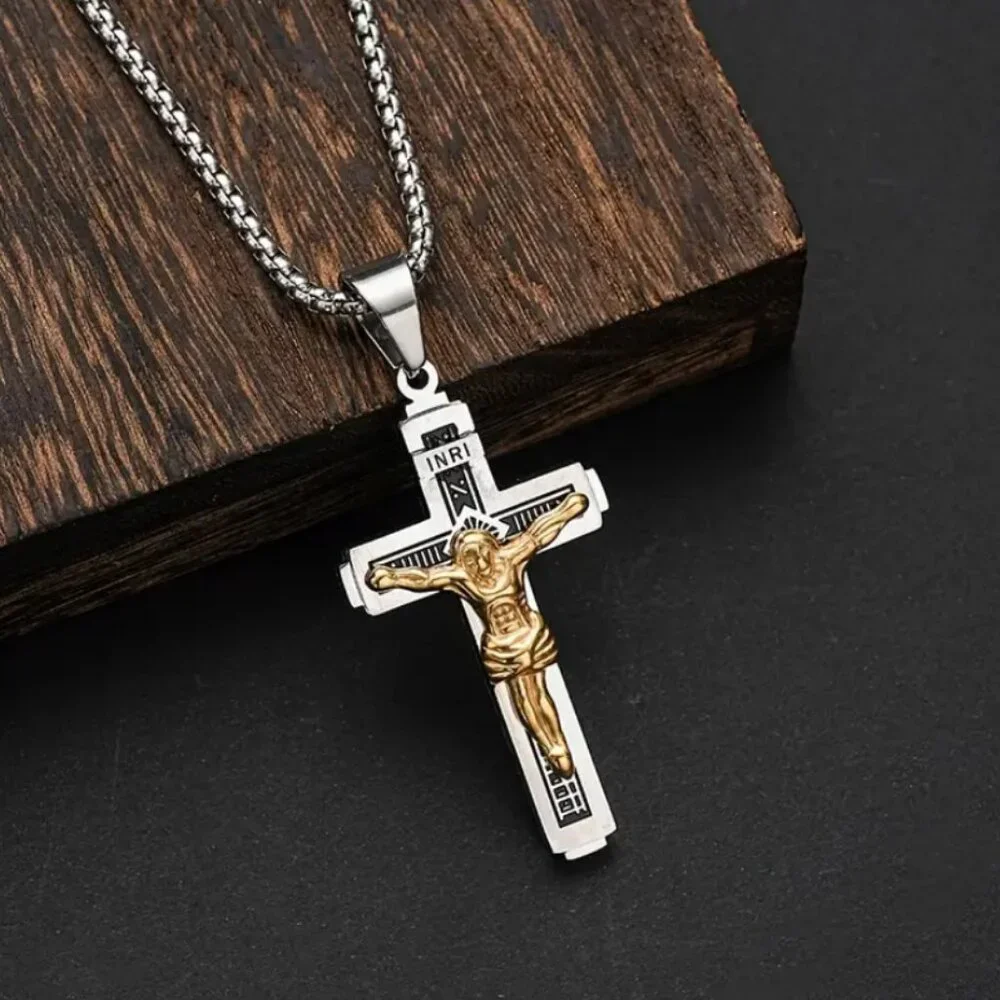 Mens Cross Pendant Necklace Catholic
