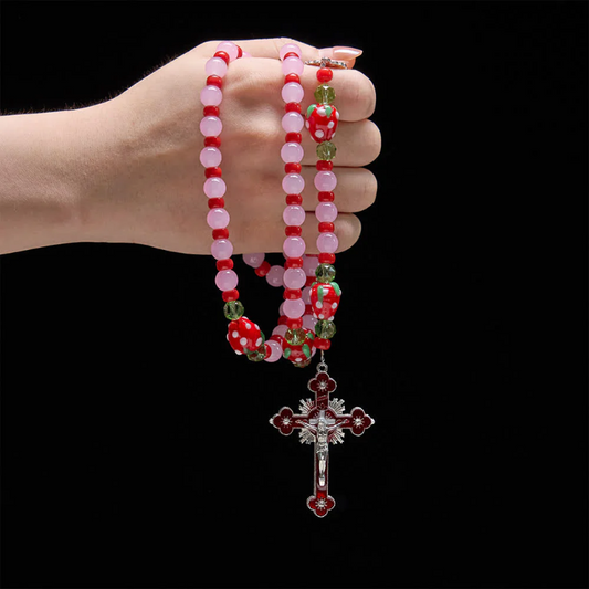 FREE Today: Sweet Strawberry Devotion Rosary with Pink Glass Beads & Our Lady Accents