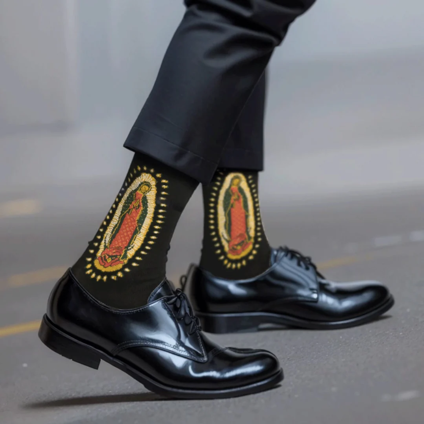 Black Virgin of Guadalupe Religious Unisex Crew Socks: Retro Design, Exclusive Faith Flair