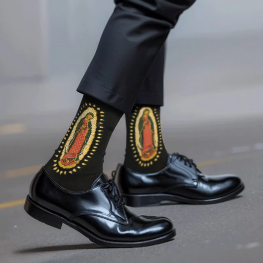 Black Virgin of Guadalupe Religious Unisex Crew Socks: Retro Design, Exclusive Faith Flair