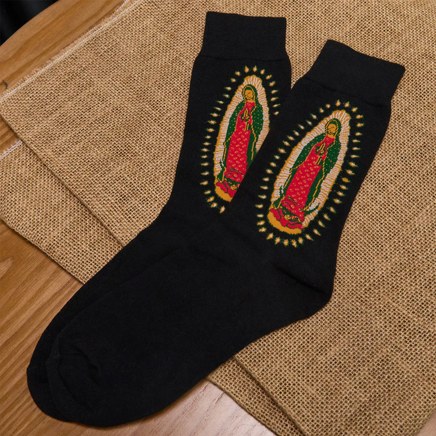 Black Virgin of Guadalupe Religious Unisex Crew Socks: Retro Design, Exclusive Faith Flair