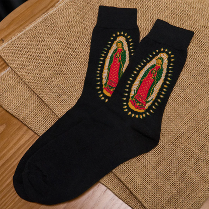 Black Virgin of Guadalupe Religious Unisex Crew Socks: Retro Design, Exclusive Faith Flair