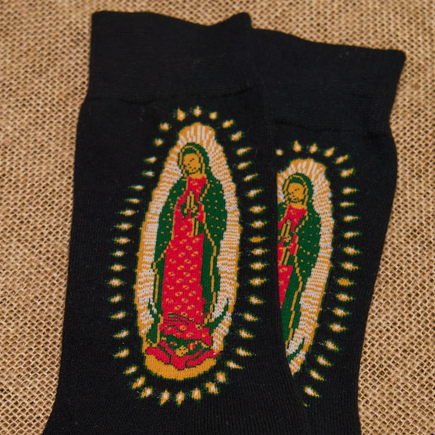Black Virgin of Guadalupe Religious Unisex Crew Socks: Retro Design, Exclusive Faith Flair