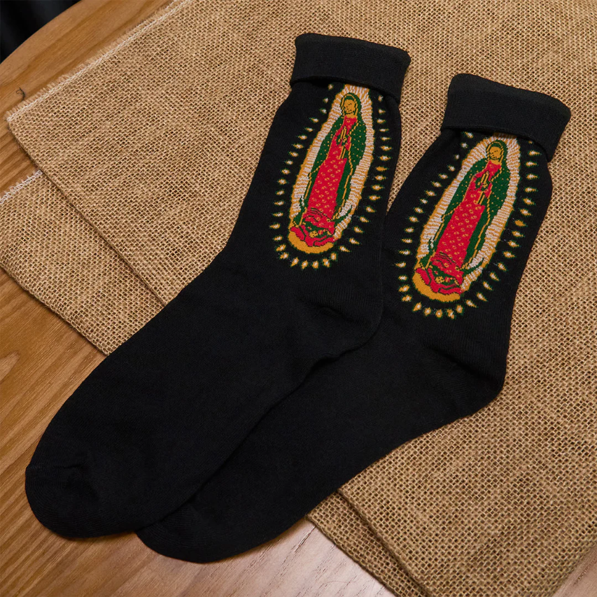 Black Virgin of Guadalupe Religious Unisex Crew Socks: Retro Design, Exclusive Faith Flair