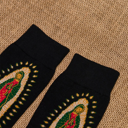 Black Virgin of Guadalupe Religious Unisex Crew Socks: Retro Design, Exclusive Faith Flair