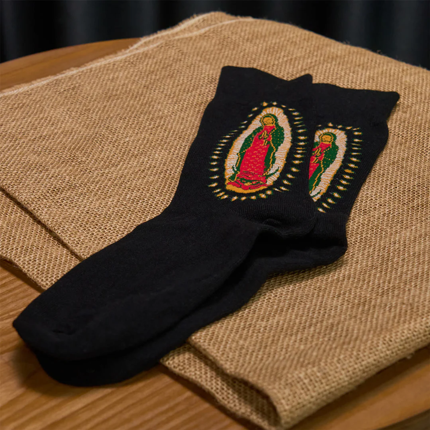 Black Virgin of Guadalupe Religious Unisex Crew Socks: Retro Design, Exclusive Faith Flair
