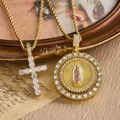 Rotating Our Lady of Guadalupe Medallion Necklace with Double Zircon Halo: A Reminder of Divine Grace