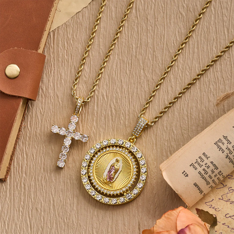 Rotating Our Lady of Guadalupe Medallion Necklace with Double Zircon Halo: A Reminder of Divine Grace