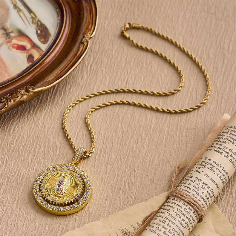 Rotating Our Lady of Guadalupe Medallion Necklace with Double Zircon Halo: A Reminder of Divine Grace