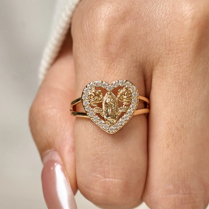 Heart-Shaped Our Lady Motif Ring with Rose Accents: Carry Her Care in Daily Wear