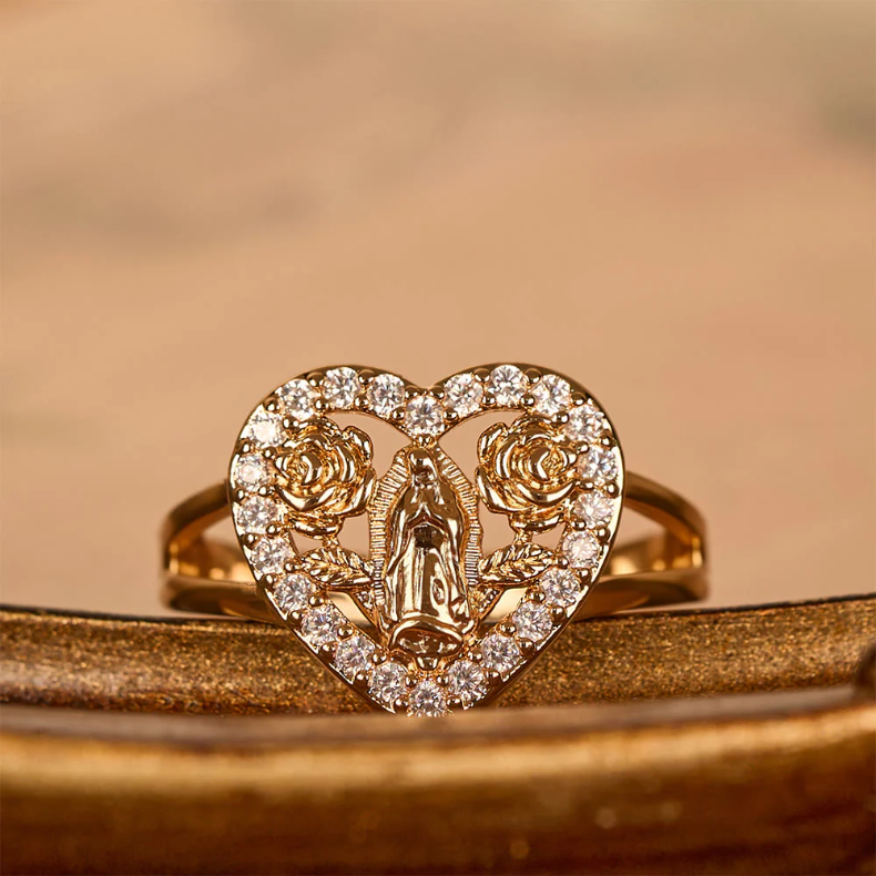 Heart-Shaped Our Lady Motif Ring with Rose Accents: Carry Her Care in Daily Wear