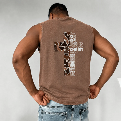 I Can Do All Things Through Christ Camo Cross Washed Tank Top