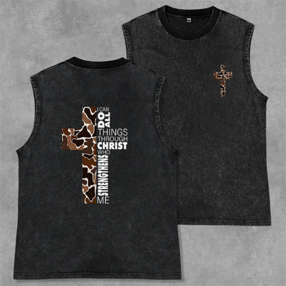 I Can Do All Things Through Christ Camo Cross Washed Tank Top