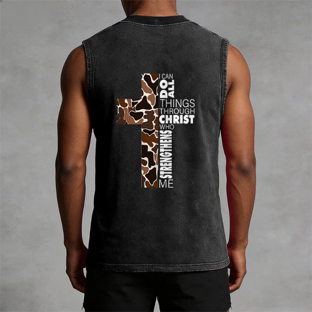 I Can Do All Things Through Christ Camo Cross Washed Tank Top