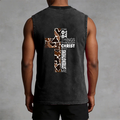 I Can Do All Things Through Christ Camo Cross Washed Tank Top